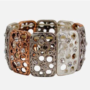 Wide stretch bracelet in a mix of copper, silver, hematite colors with crystals
